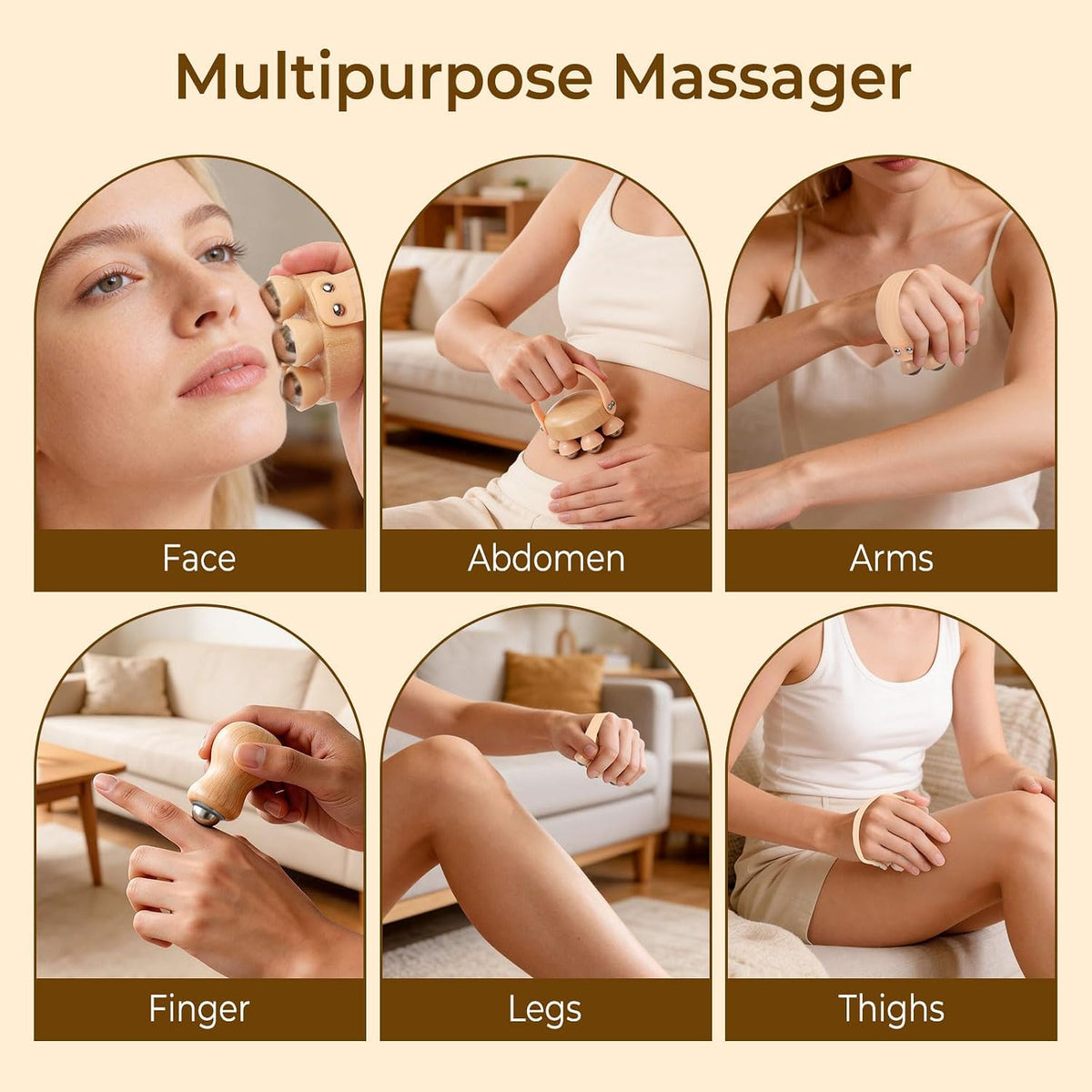 Wooden Handheld Massager, 2-Pack Multi-Roller for Body Contouring