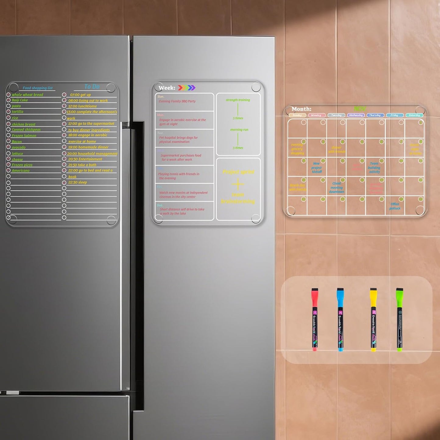 Non-Magnetic Fridge Calendar Set, Reusable Dry Erase Monthly Weekly Planning Boards, Transparent Chore Chart Sticks to Wall, Glass, Door, Any Smooth Surfaces(Month+Week+List)
