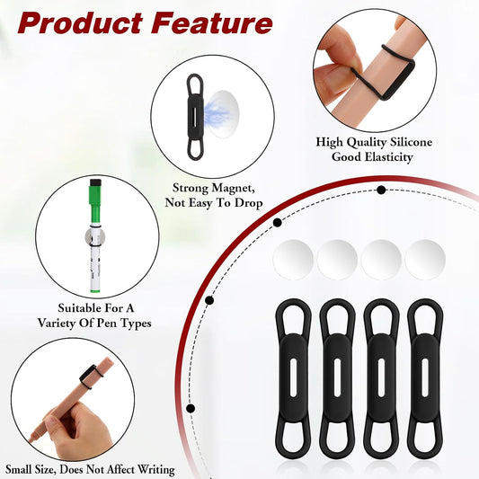 Jeffdad Magnetic Pen Pencil Holder - 4 Pcs Silicone Adjustable Holder for Refrigerator, Whiteboards, Office White Pen Holder (Black)