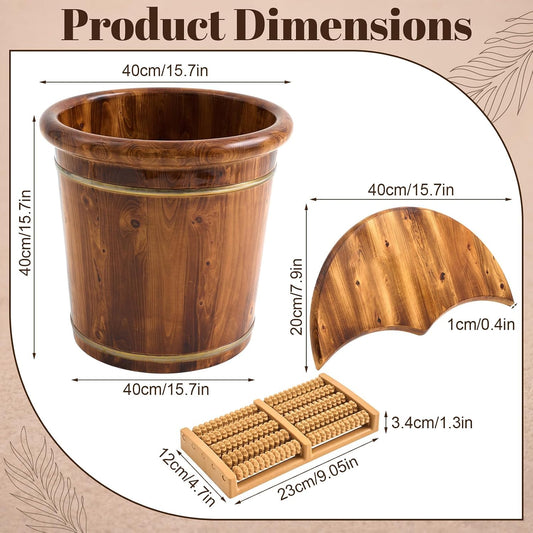 15.75" Wooden Foot Bath Bucket with Lid & Massage Roller, Thick Insulated Spa Foot Soak for Relaxation, Massage Soles, Circulation, Elderly & Athletes, Home & Family Use
