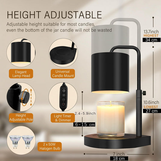 zukakii Candle Warmer Lamp Adjustable Height Dimmable with Timer Large Jar Candles Compatible - No Flame Scented Wax Warmer with 2 Bulbs - Mothers Day Gift - Black
