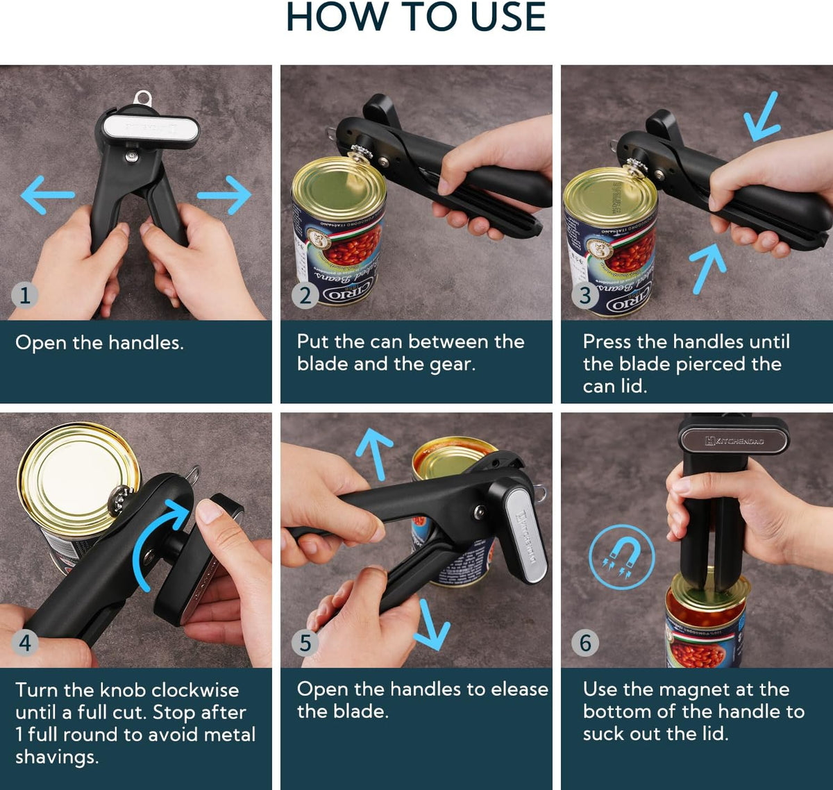 KITCHENDAO Replaceable Can Opener with 2 Extra Blades, Super Sharp Manual Can Opener with Magnet, Smooth Edge Cut Handheld Tin Opener, Large Turning Knob for Seniors & Arthritis, Black