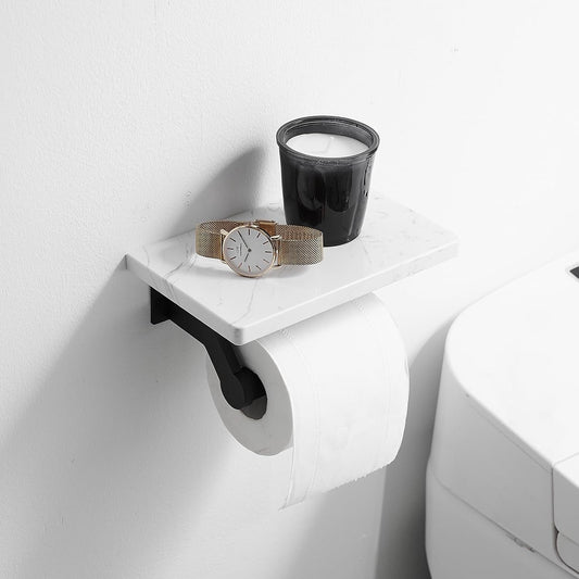 Hoimpro Toilet Paper Holder Wall Mounted, Marble Tissue Roll Rack | Brushed Gold | White Natural Marble Shelf Hand Paper Roll Holder, for Bathroom Kitchen Washroom Bedroom Aluminum