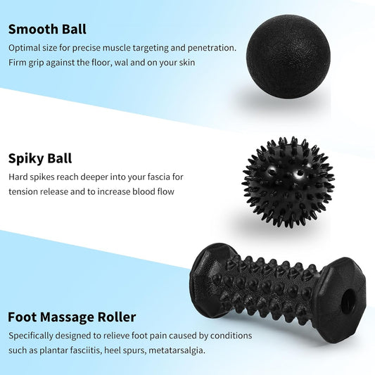 Foot Massager Roller Set for Plantar Fasciitis, Arch and Heel Pain Relief | Includes Foot Roller, lacrosse and spiky massage balls for deep tissue trigger point muscle therapy and neuropathy relief