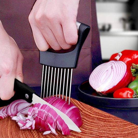 Onion Holder & Lemon Slicer Cutter Tool – Stainless Steel Vegetable & Fruit Slicing Assistant for Easy, Safe Cutting (Silver)