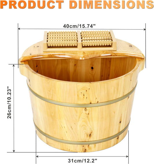 tonchean 15.74in*12.2in*10.23in Wooden Foot Bath Bucket, Thick Insulated Wooden Foot Basin with Massage Roller and Lid Foot Wash Bucket for Foot Bath, Massage, Spa Suitable for All Ages