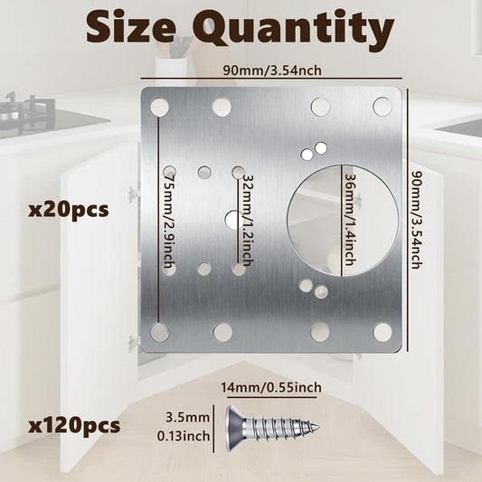 20PCS Cabinet Hinge Repair Plate Kit, Stainless Steel Repair Plate, luluaday Large Cabinet Fix Board Kit with Mounting Screws for Kitchen Cupboard Door, Cabinet and Furniture