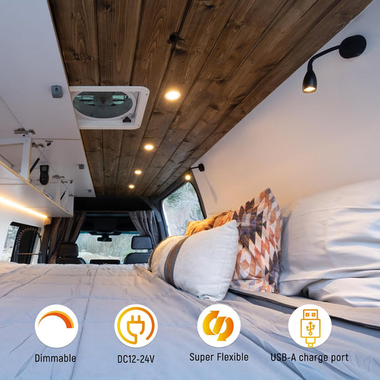 12V LED Dimmable Reading Light, RV Bedside Reading Lamp with USB Charger 12 Volt Flexible Neck Wall Lamp for Camper Van Travel Trailer Truck Boat Interior Lighting