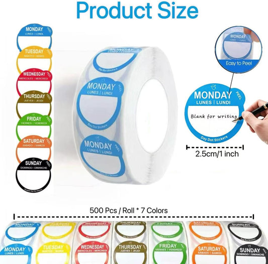 Day Dots Food Labels, 1 Inch 3500 Pcs Removable Date Stickers for Food, 7 Rolls Days of The Week Labels for Restaurant Kitchen Containers, Self Adhesive Day Dot Sticker