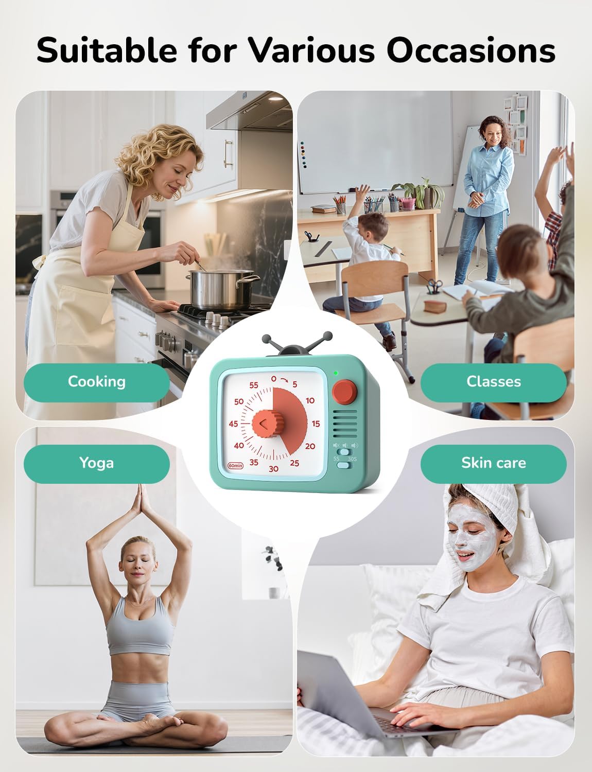 LIORQUE Visual Timer for Kids with Pause, 60 Minute Countdown Timer, Green | Non-Ticking, 3 Volume Levels, Back Magnetic, Two Ringing Durations, Light Indicator, for Classroom Kitchen Office ADHD