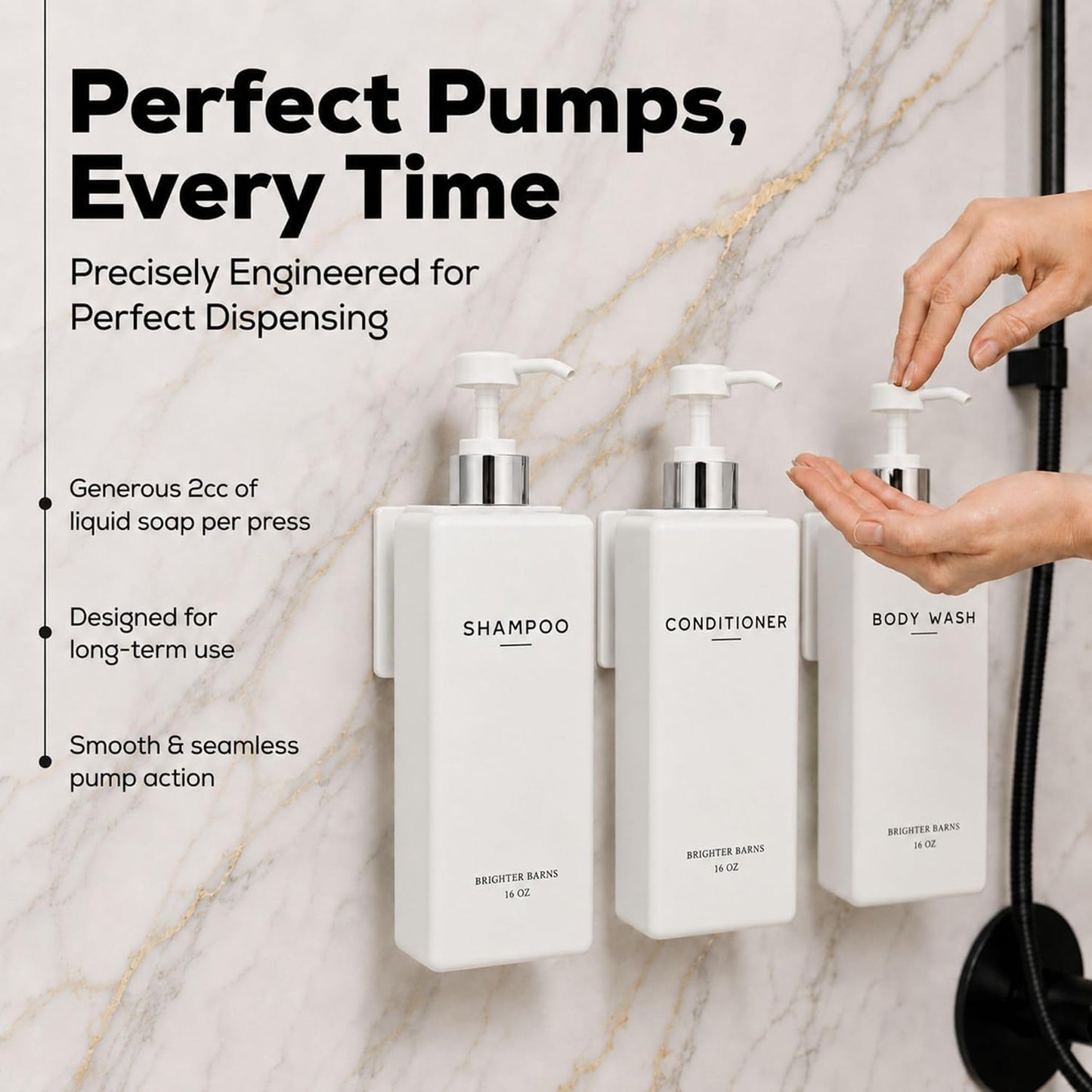 Clear Shampoo and Conditioner Dispenser Set Wall Mounted by Brighter Barns - Refillable Shower Soap Dispensers 3 Chamber No Drill - Plastic Shampoo, Body Wash and Conditioner Bottle for Hotels (Clear)