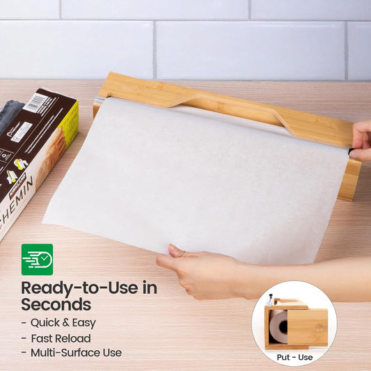 18-Inch Foil Dispenser with Slide Cutter & Butcher Paper Holder | Compact bamboo organizer for countertop, drawer, cabinet or wall mounting, made for many common 18-inch foil and paper rolls