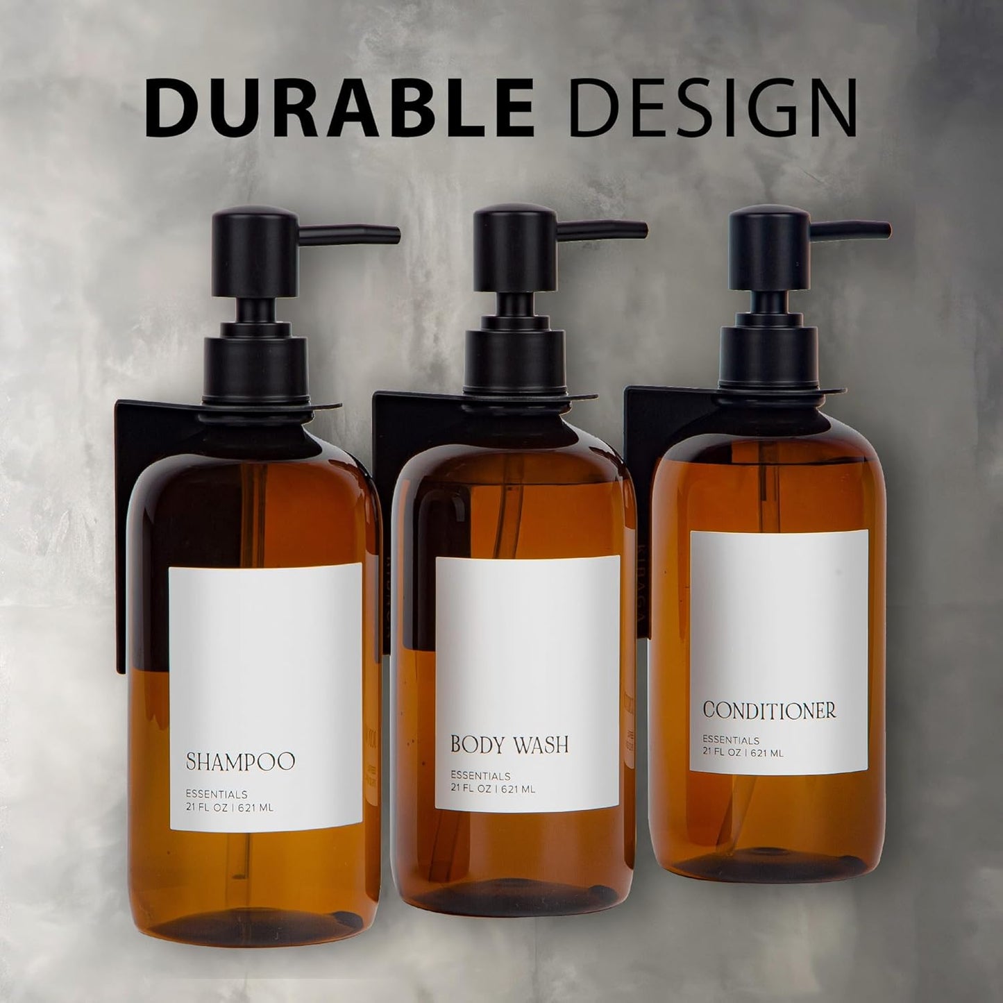 Stylish Shampoo & Conditioner Dispenser Set of 3 - Wall Mount, Drill Free | Modern 21oz Shower Soap Bottles with Labels - Easy Refill Body Wash Dispensers for an Instant Bathroom Decor Upgrade