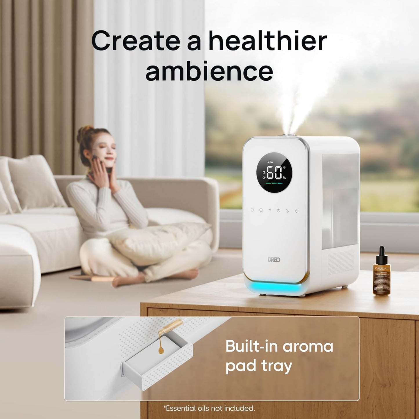 DREO Humidifiers for Bedroom, Top-filled Smart Quiet Cool Mist Humidifier for Large Room Home, Oil Diffuser & Nightlight, 50Hours Runtime for Indoor Plants, with Alexa/Google, White