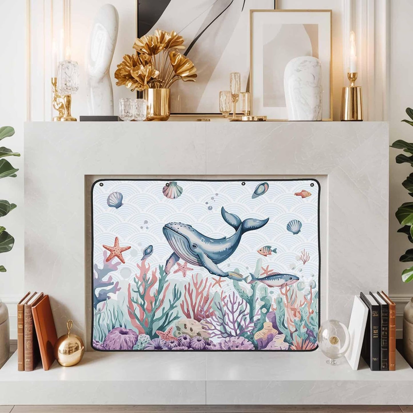 Magnetic Fireplace Cover Turtle Coral Starfish Fireplace Screen Decorative Shell Ocean Marine Life Insulation Fireplace Blocker Save Energy Fireplace Draft Stopper Covers for Living Room 39x32 Inch