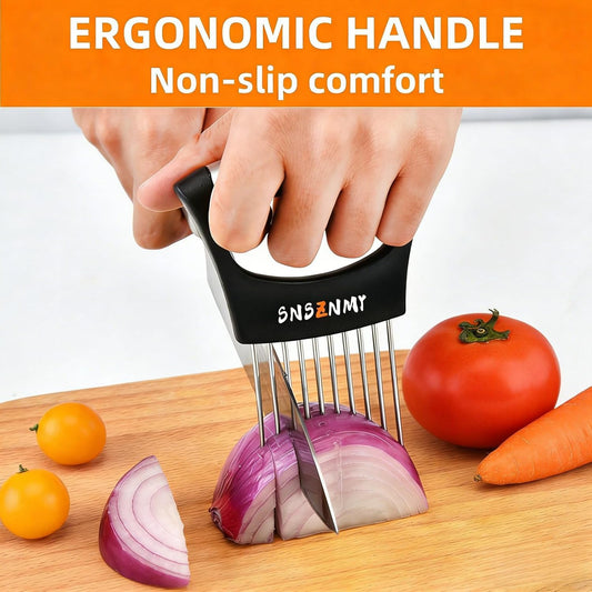 Onion Holder for Slicing, Upgrade Stainless Steel Onion Slicer Holder Lemon Slicer Vegetable Cutter, Assistant Tool for Slicing Fruit, Potato, Tomato and Meat (2 Pack)