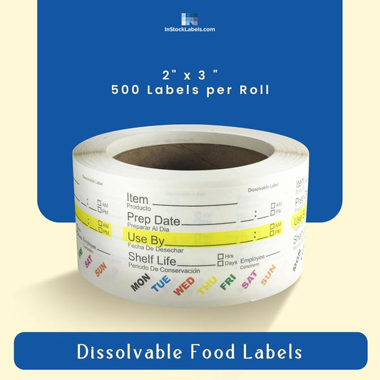 InStockLabels Dissolvable Food Rotation Labels, 2 x 3 Inch, 500 Labels | Rotation food stickers for kitchen and restaurant supplies, jars, containers, freezer storage, prep stations, and catering