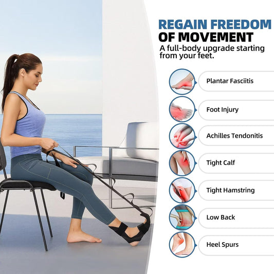 comness Foot and Calf Stretcher-Stretching Strap For Plantar Fasciitis, Heel Spurs, Foot Drop, Achilles Tendonitis & Hamstring. Yoga Foot & Leg Stretch Strap. (Black)