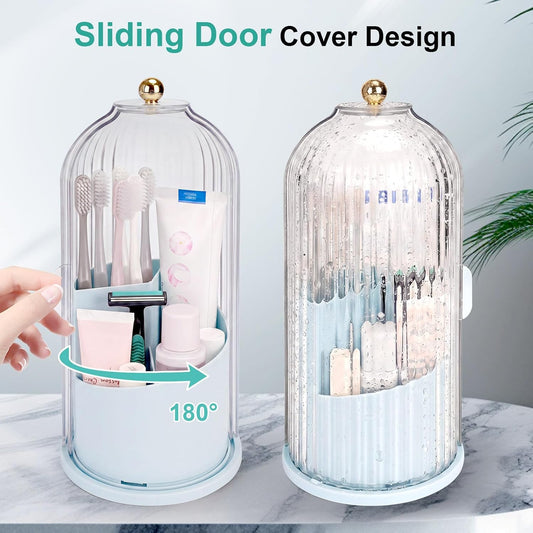 QIYVLOS Toothbrush Holders with Sliding Lid, Rotating 3 Slots Bathroom Organizer Countertop, Tooth Brush Toothpaste Holder Bathroom Counter Stand Sink Organizer Caddy for Vanity Makeup Brushes Holder