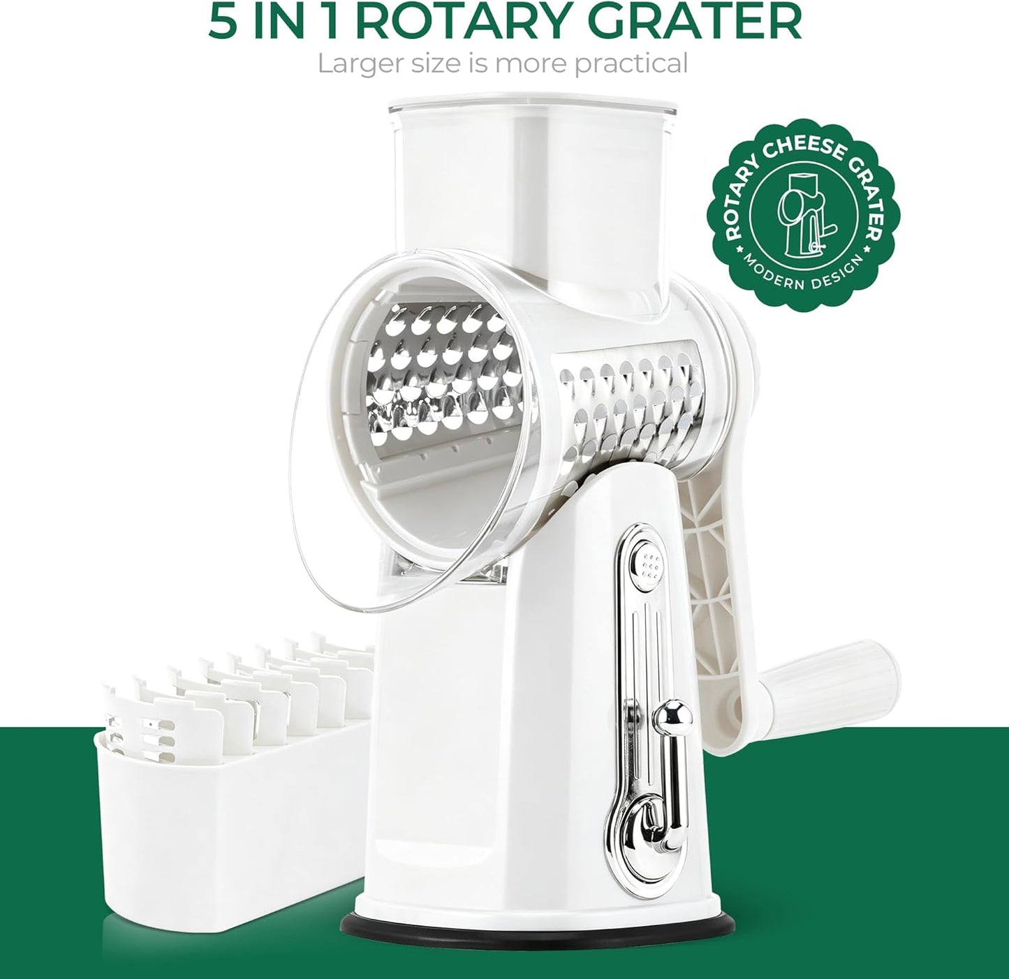 SUSTEAS Rotary Cheese Grater 5 Blades,Kitchen Mandoline Vegetable Slicer | White, Easy to Clean, Strong Suction Base, 5 Blades Storage Box, Round Mandoline Slicer & Food Chopper for Salad