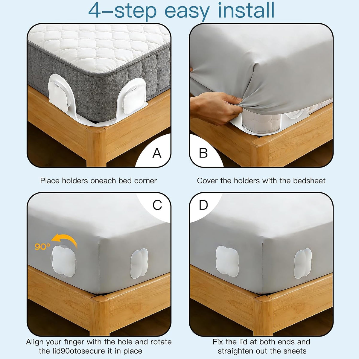 Sheet Holders Bed Sheet Grippers - Fitted Sheet Holder for Corners Keep Sheets Firm & Tight Fit All Sheet Sizes Sheet Straps Clips Easy Installation
