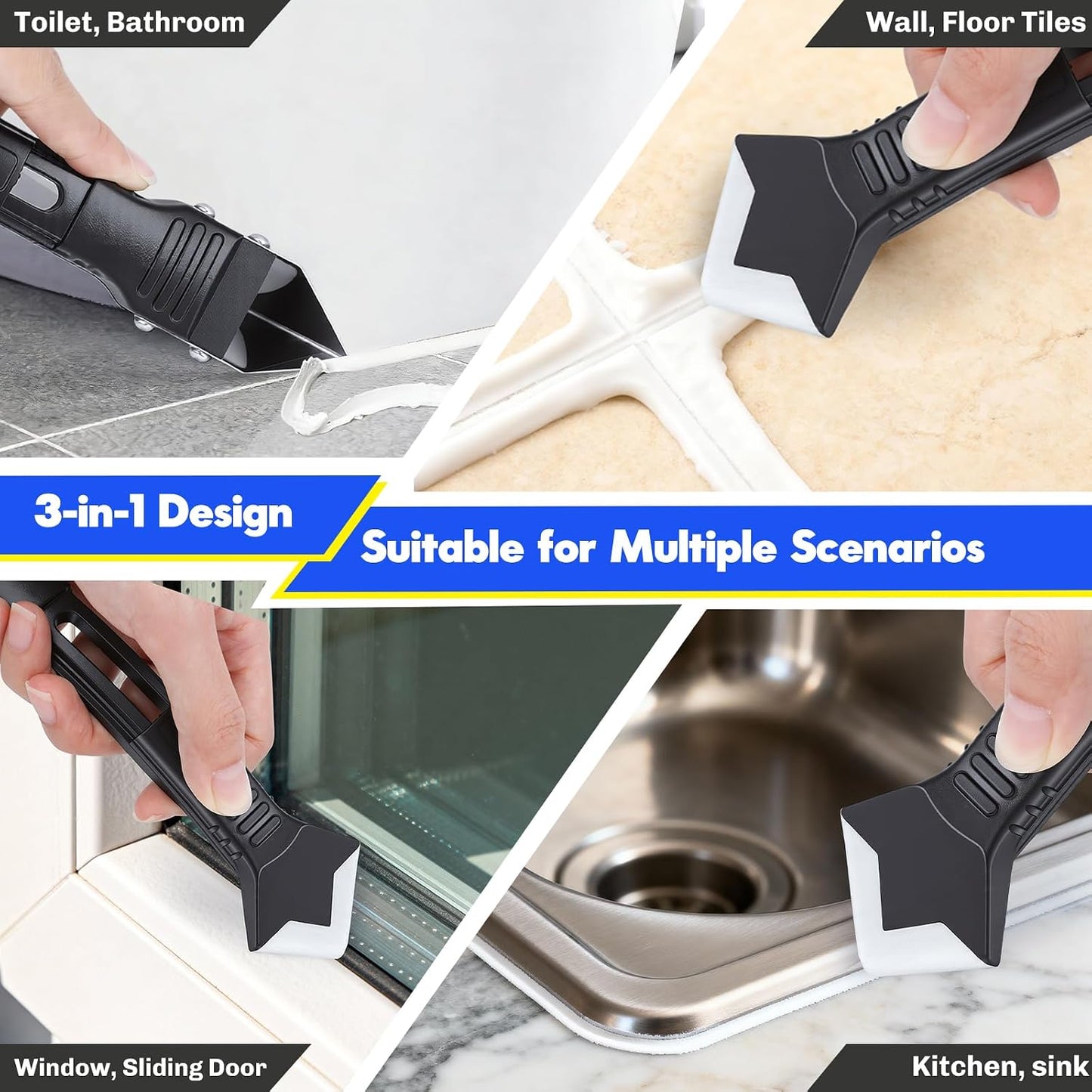 Caulking Tool 5 in 1, Caulk Remover & Silicone Sealant Finishing Kit with Grout Scraper and 6 Silicone Pads, Ideal for Kitchen, Bathroom, and Window Sealing