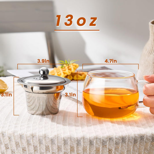 PARACITY Tea Cup with Infuser and Lid, 13 oz Glass Tea Infuser Mug | 13 oz Tea Cup with Lid Glass Tea Infuser Mug Fine-Mesh Strainer Borosilicate Glass Dishwasher Compatible