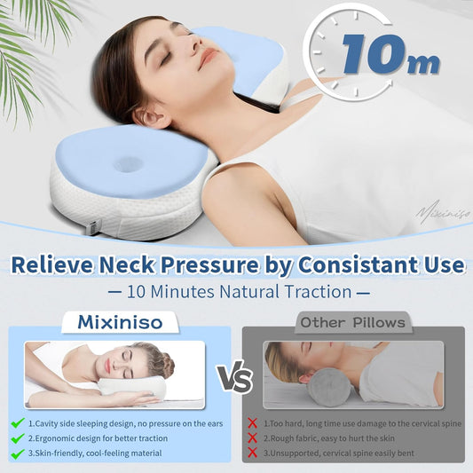 Cervical Neck Roll Pillow, Say Goodbye to Neck Pain, Travel Neck Support Pillow for Side Sleepers, Ergonomic Memory Foam Camping Pillow, Cervical Traction Device with Storage Bag