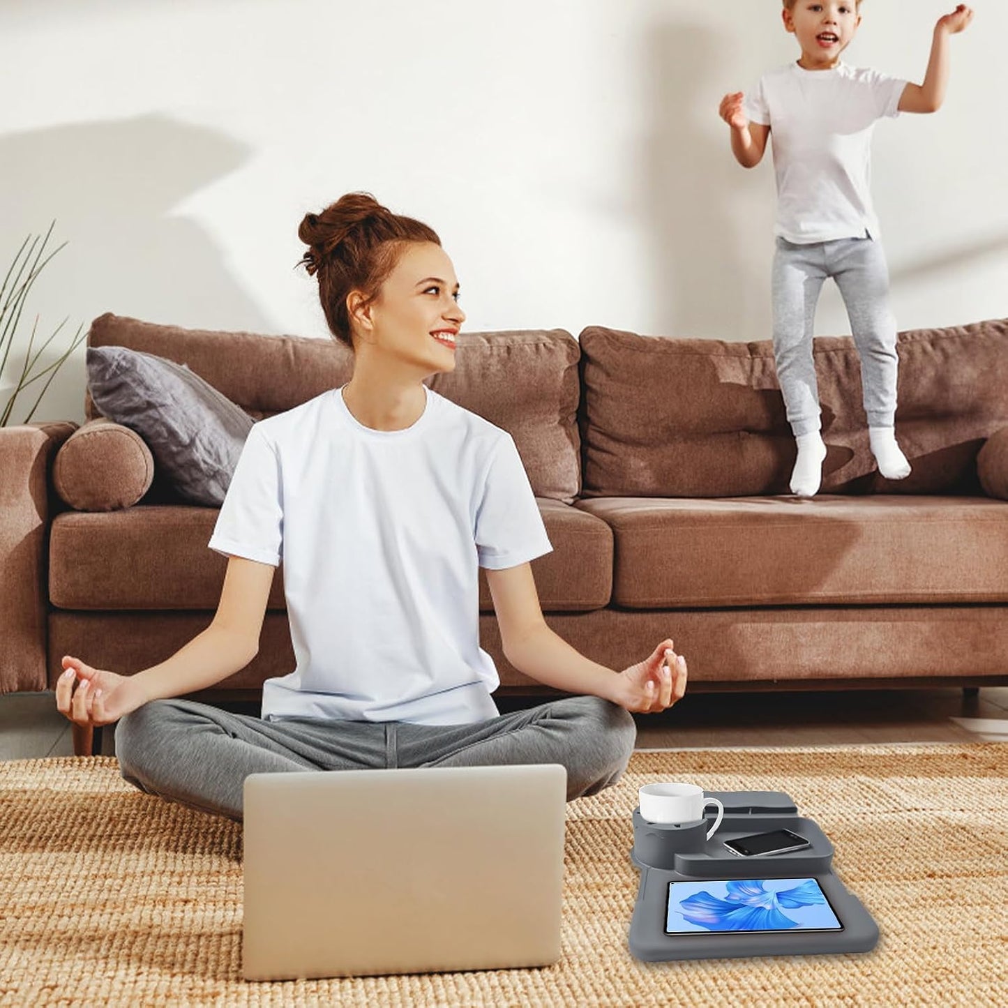 Couch Cup Holder Tray, Silicone Sofa Armrest organizer with Side Pockets for Storage Remotes, Cell-phone,Tablet or Snack, Anti-Spill and Anti-Slip Sofa Arm Tray for Recliner, Armchair Caddy (Blue)