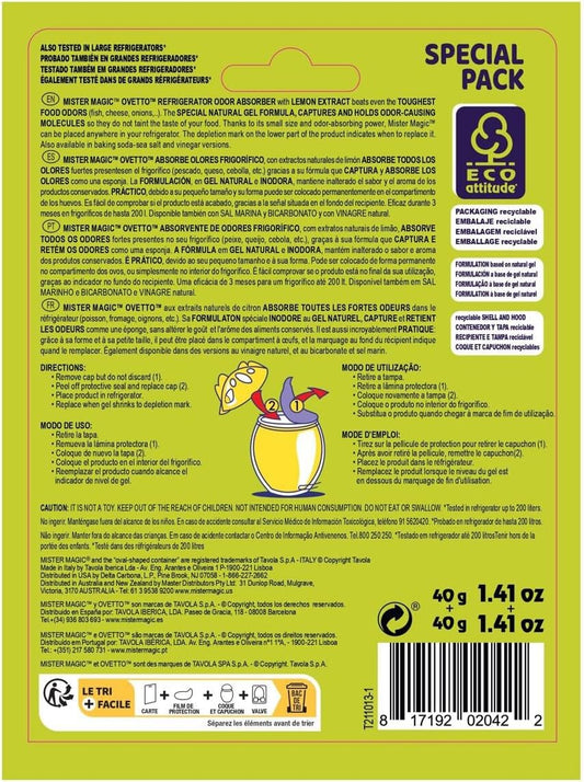 Mister Magic Refrigerator Odor Absorber – Natural Lemon Formula Gel, Odorless Fridge Deodorizer, Neutralizes Food Odors, Lasts Up to 90 Days, Safe for Food, Kitchen Supplies (1 Pack, Contains 2 Units)