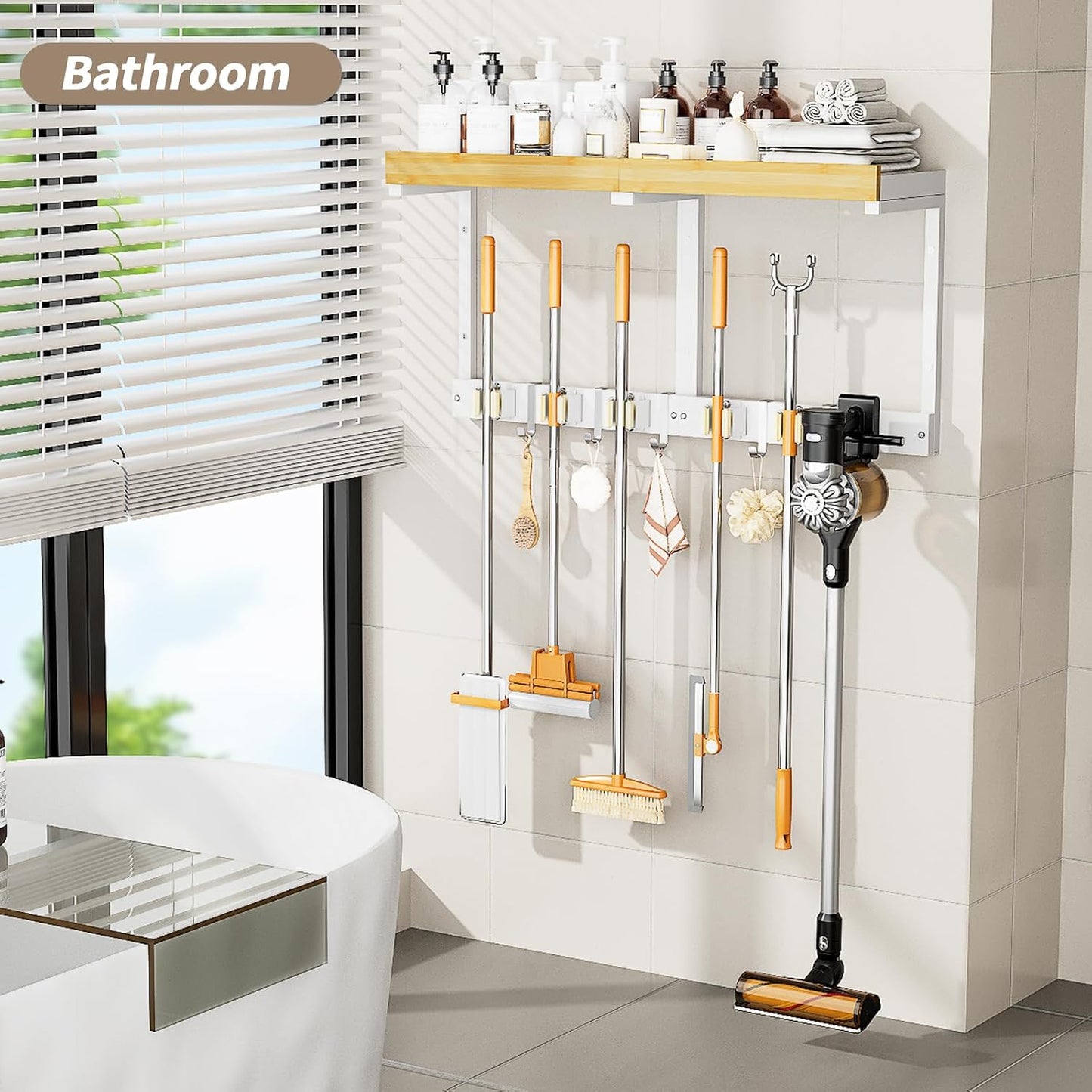 Broom and Mop Organizer Wall Hanging, Broom Hanger Holder Wall Mount | 3-in-1 Mop and Broom Holder Wall Mount with Storage Shelf & Vacuum Organizer,5 Racks,5 Hooks for Garage,Kitchen,Laundry Room