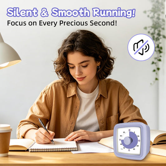 Visual Timer 60 Minute Timer Silent Countdown Clock – No Ticking, Gentle Ring with Mute Option, Timers for Kids Homework Classroom Management Kitchen Pasta, Adult Pomodoro & Deep Work, Purple