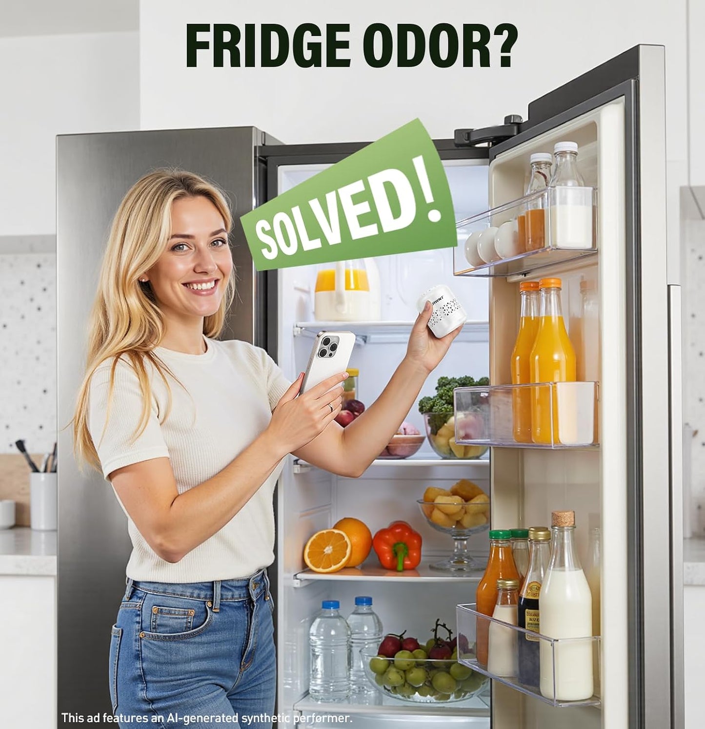 Fridge Deodorizer, Lasts Up to 10 Years, Stainless Steel, Gray | Unbox and place in fridge; refrigerator deodorizer, fridge odor eliminator, no refills, baking soda fridge alternative