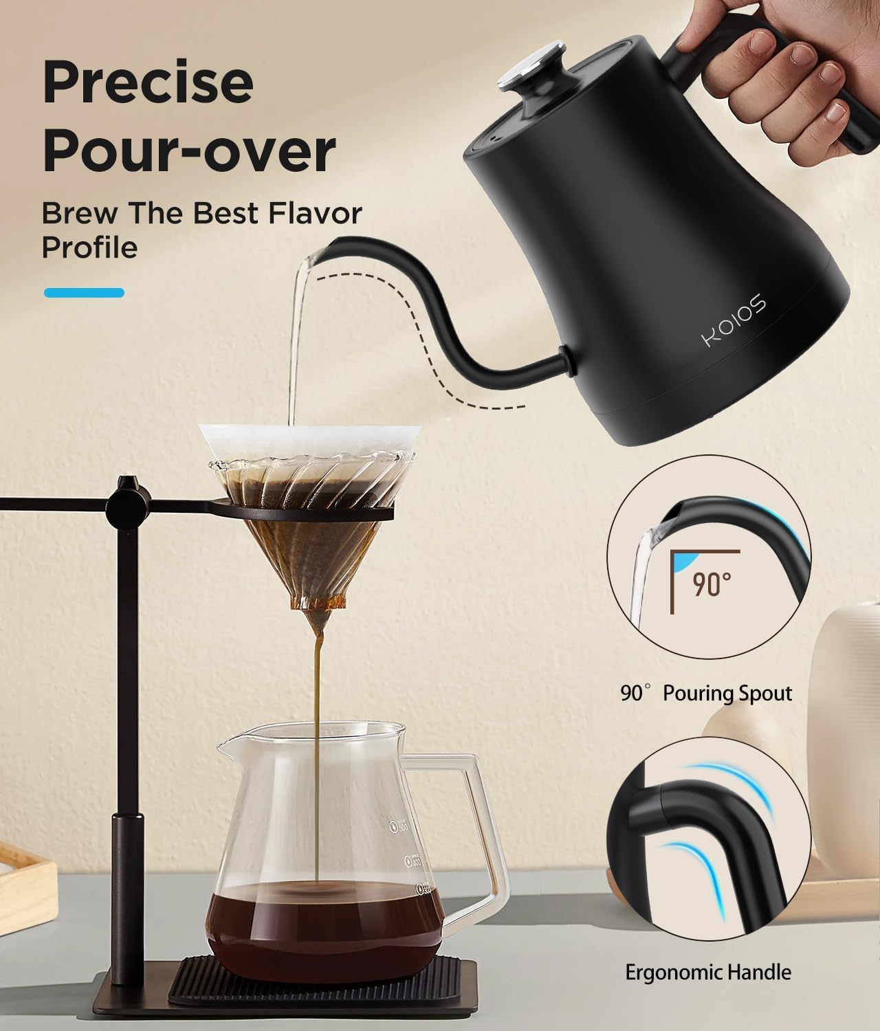 KOIOS Gooseneck Electric Kettle, ±1℉ Temp Control, Mute Mode, 4H Keep Warm | 0.8L Pour Over Kettle, 1200W Fast Heating, Stainless Steel, Coffee & Tea Brewing