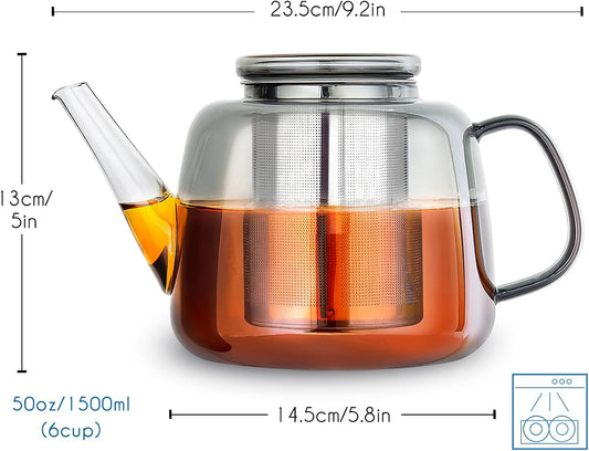 Easyworkz Borosilicate Glass Teapot 50oz with Large Stainless Steel Removable Loose Tea Infuser for Fruit Herbal and Infusion, Smoke Grey