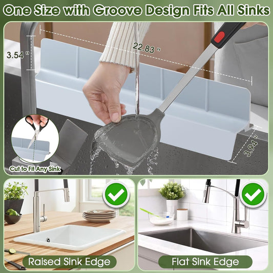 23” Kitchen Sink Splash Guard, OUTFANDIA Silicone Splash Guard with Strong Suction Cups, Flexible Sink Edge Protector for Kitchen/Bathroom, Front/Back Fcaucet, Tool Free to Install