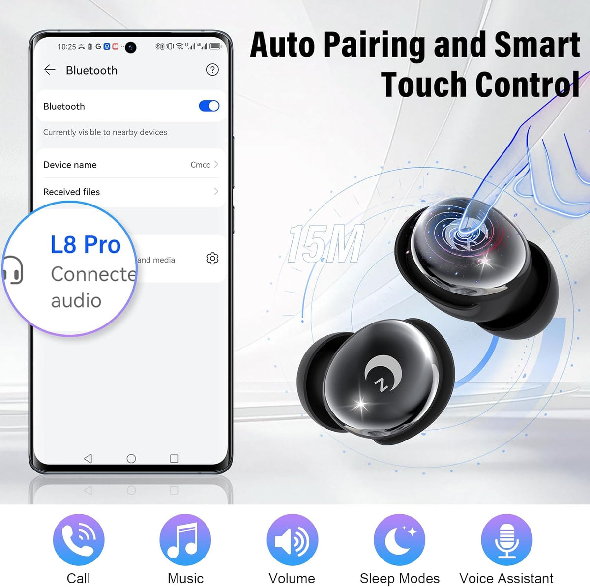 VEKJ Sleep Earbuds Bluetooth 5.4, 48H Smart Touch Screen in Ear Ear Buds, 2025 Mini Sleep Headphones Small Design for Side Sleepers, 5 EQ Modes, Clear Calls, IPX7 Waterproof in Ear Earphones