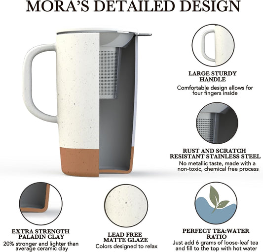 Mora Ceramics Large Tea Mug with Loose Leaf Infuser and Ceramic Lid, 18 oz, Portable, Microwave and Dishwasher Safe, Tall Coffee Cup - Rustic Matte Ceramic Glaze, Modern Herbal Tea Strainer, Olive