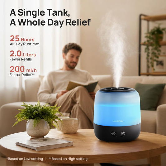 Clarston Humidifiers for Bedroom, 2L Cool Mist Humidifier, 24dB Quiet Sleep | 25H Runtime, Easy to Top Fill & Clean, Humidification for Baby Nursery & Plant, 360° Nozzle for Large Room, Nightlight,No BPA