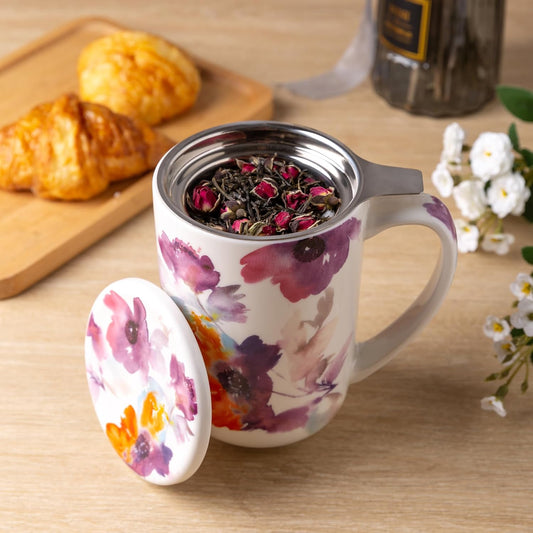 AmorArc Tea Cup With Infuser and Lid, 18oz Loose Leaf Tea Mug With Steeper | Porcelain Tea Mug With Infuser and Lid, Large Strainer Tea Cup with Lid for Tea, Coffee Mug for House-warming Birthday Gift