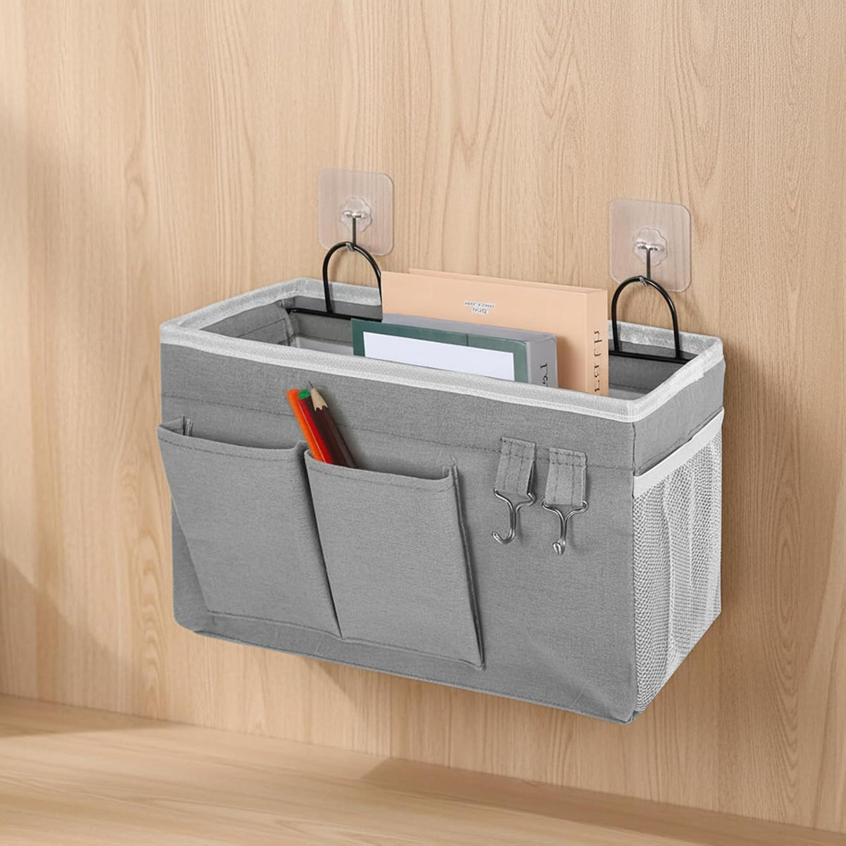 Bedside Storage Caddy with Metal Hooks,Hanging Bedside Organizer
