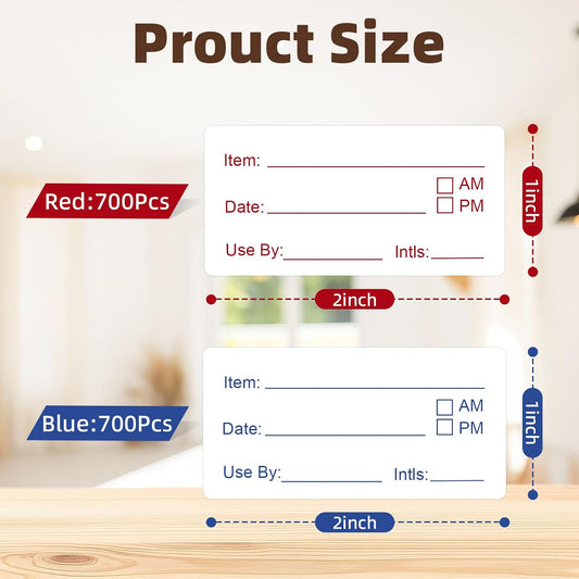 1400 Pcs Removable No-Residue Food Label Stickers, 1 x 2 Inch Date Stickers | Waterproof, Oil-Resistant, and Tear-Resistant Labels for Food Containers, Easy to Write On – Blue & Red