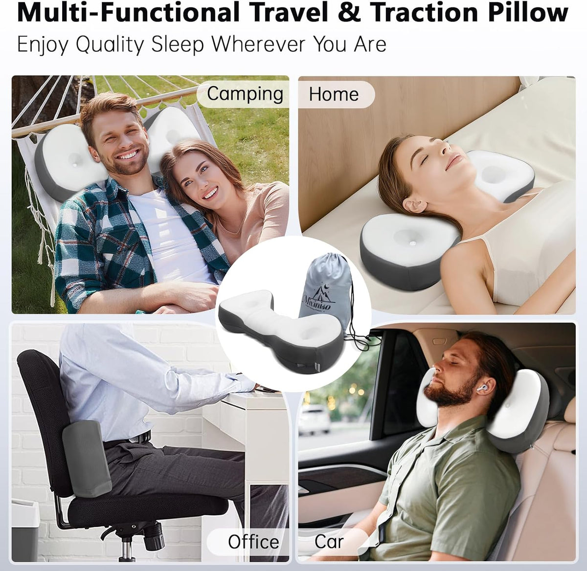 Cervical Neck Roll Pillow, Say Goodbye to Neck Pain, Travel Neck Support Pillow for Side Sleepers, Ergonomic Memory Foam Camping Pillow, Cervical Traction Device with Storage Bag