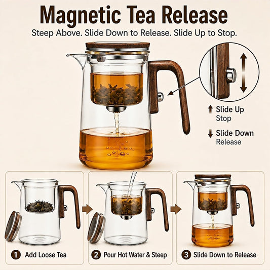TeSabMi Magnetic Glass Teapot with Infuser for Loose Leaf Tea, 27 oz
