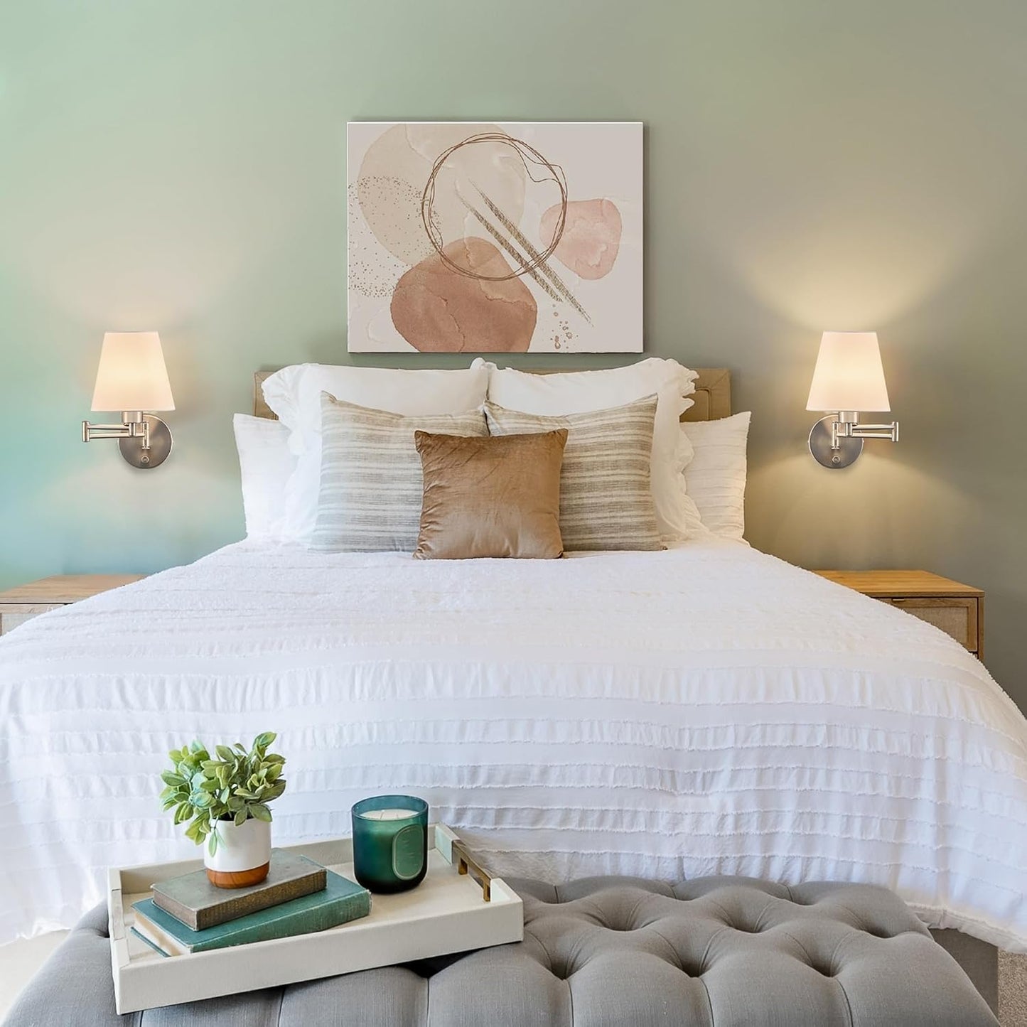 VONLUCE Wall Lamp, Plug in & Swing Arm Wall Sconce, Nickel Finish | Modern Wall Lights with White Fabric Shades, Plug in & Hardwired Wall Mounted Light for Bedside, Living Room, Hallway
