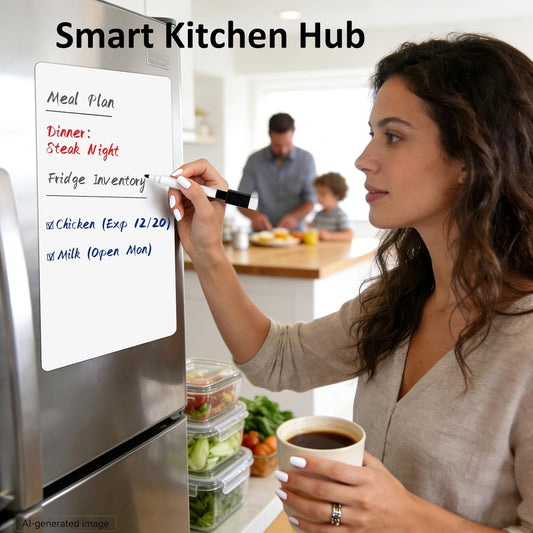 Magnetic White Board for Refrigerator Plan Weekly Menus at a Glance | Dry Erase Sheet for Meal Schedules - 12" x 8" Kitchen Command Center for Busy Moms with Magnet Backing Packed Flat