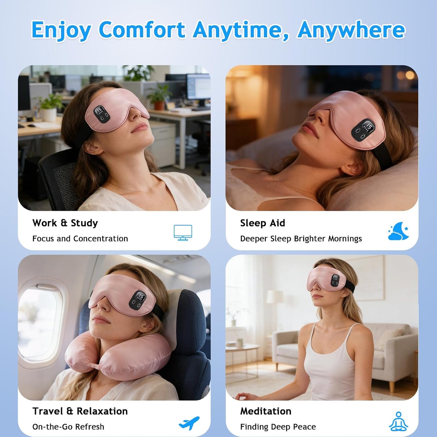 Rechargeable Heated Eye Mask | Warm Compress Sleep Mask for Dry-Feeling Eyes, 4 Heat Levels, 15–60 Min Timer, USB-C, Light Blocking, Washable Cover