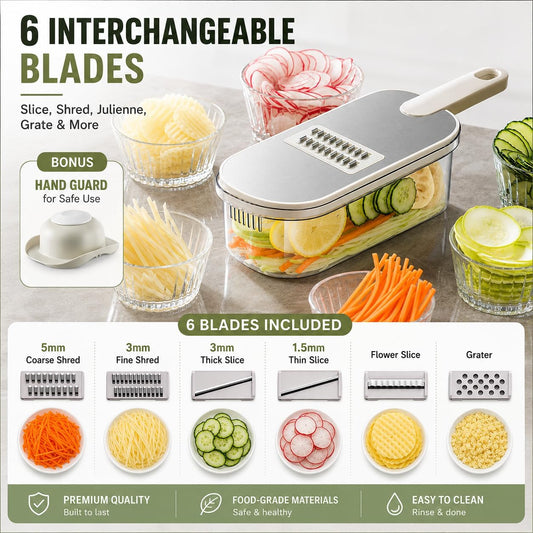 Multifunctional Vegetable Slicer Grater with 6 Blades, Cheese Grater Hand Crank,Hand Guard & Storage Container, Drain Basket, Kitchen Chopping Shredder for Potato Carrot Cheese