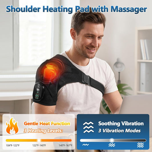 Cordless Shoulder Heating Pad & Massager, Heating Vibration Shoulder Wrap Brace, Shoulder Massager for Pain Relief Deep Tissue, Rotator Cuff Support for Men & Women, Black