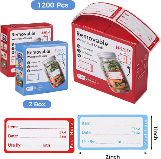 1200 Freezer Labels with Dispenser, 1" x 2", Removable, Red & Blue | Writable Food Labels, No Residue, Strong Adhesive, Water And Oil Resistant, For Containers And Freezer Bags